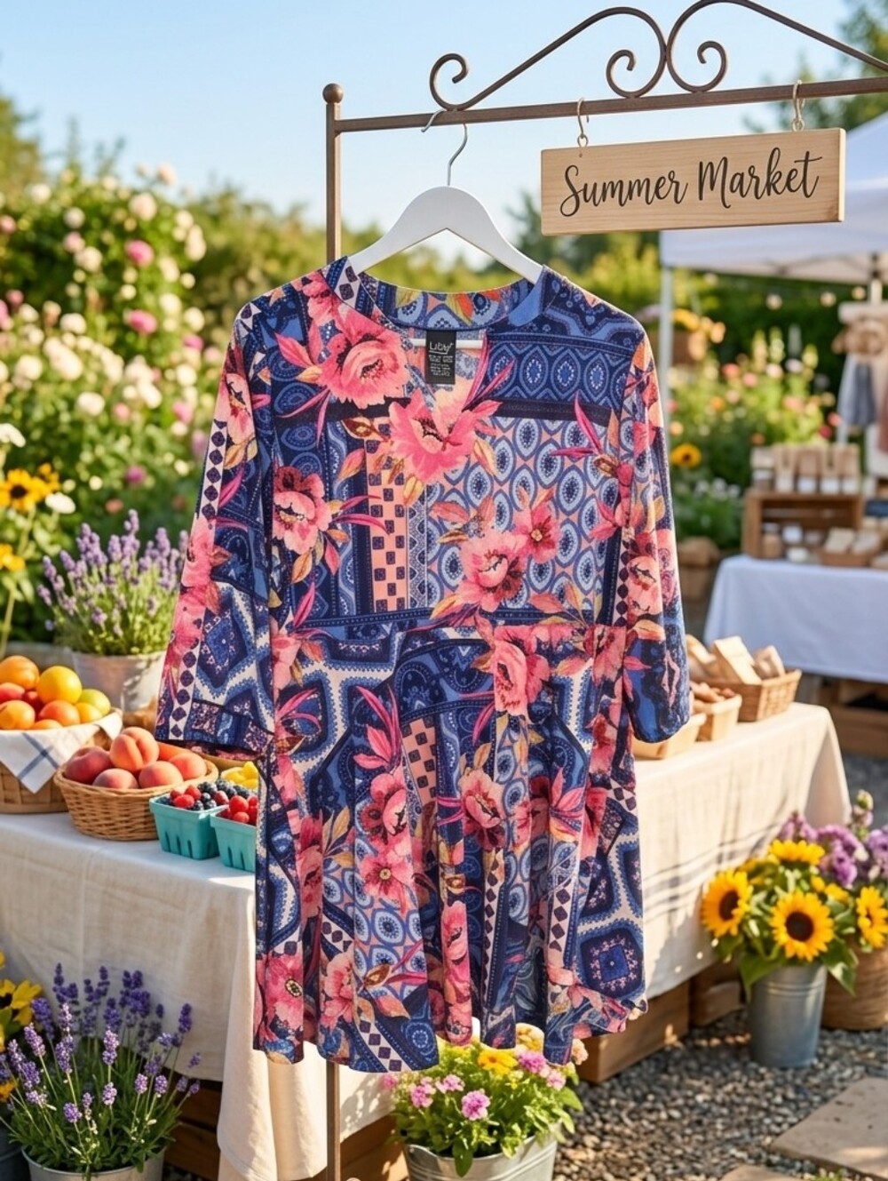 LuLaRoe Floral Patchwork Navy & Pink V-Neck Peplum Blouse